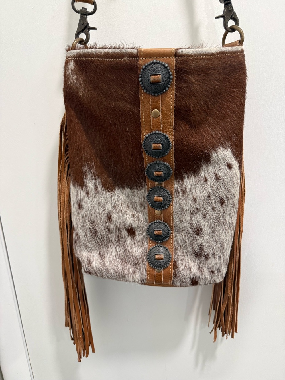 Myra Bag Brown and White Cowhide Fringe Shoulder Bag